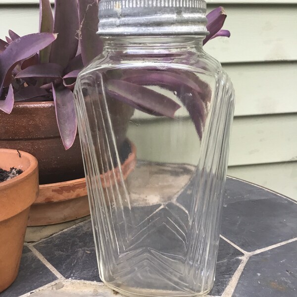 Vintage glass jar, Hazel Atlas Art Deco skyscraper step design, zinc and glass screw lid, 1930's rare original