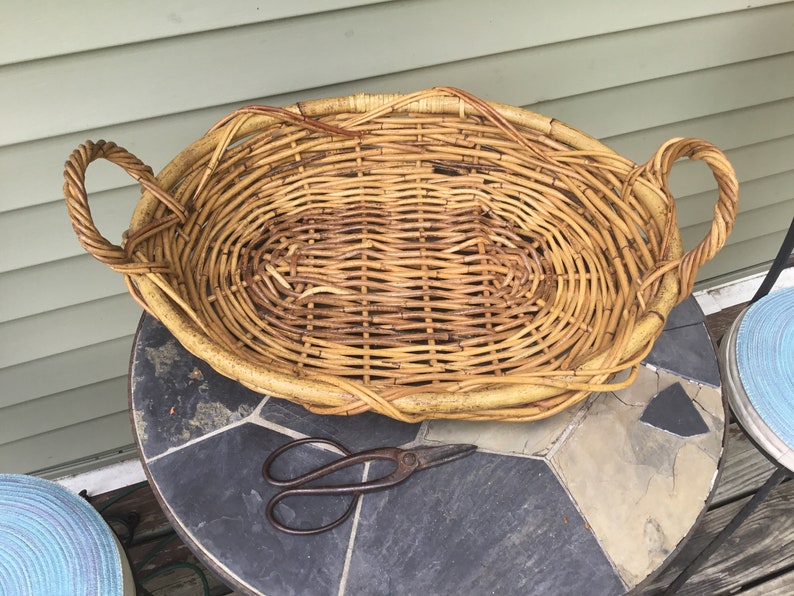 Vintage Large Flat Wicker Basket Boho Decorative Storage Etsy