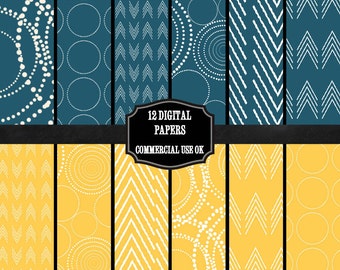 May include: Twelve digital papers with geometric patterns in teal blue and yellow. The patterns include circles, dots, chevron, and stripes.