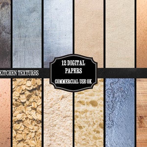 Könnte beinhalten: Zwölf digitale Papiere mit verschiedenen Küchentexuren, darunter Metall, Holz, Stoff und Lebensmittel. Der Text "Kitchen Textures" und "12 Digital Papers" wird auf einem schwarzen Tafelhintergrund angezeigt. Der Text "Commercial Use OK" wird auf einem schwarzen Banner angezeigt.
