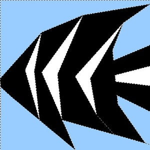 Puede incluir: Un pez estilizado en blanco y negro sobre un fondo azul. El pez tiene una cabeza puntiaguda y un cuerpo largo y delgado con rayas blancas.