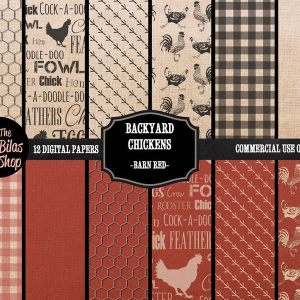 Backyard Chickens Digital Scrapbooking Paper Pack, Red Tan Digital Paper, Rooster Hen Chicken Wire Farm Animals, Barn Red, Country Design