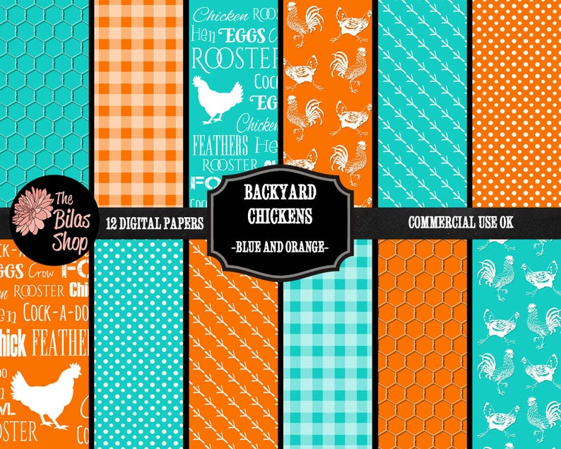 Backyard Chickens Digital Scrapbooking Paper Pack, Bright Orange Blue Digital Paper, Rooster Hen Chicken Wire Farm Animals Country Design image 1