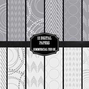 May include: Twelve digital papers with geometric patterns in shades of gray and white. The patterns include circles, dots, and chevron shapes. The text "12 DIGITAL PAPERS COMMERCIAL USE OK" is displayed on a black banner.