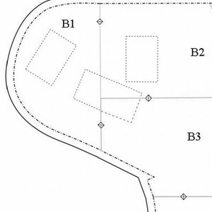 May include: Diagram of a building plan with three labeled sections: B1, B2, and B3. The plan includes a curved exterior wall and four diamond-shaped symbols.