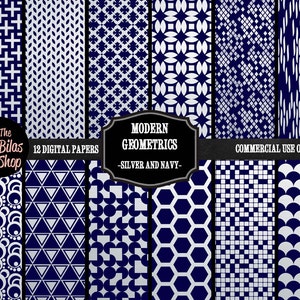Silver och marinblå modern geometrisk digital scrapbookingpapper, cirkel, triangel, kvadrat, kors, bikakemönster, bakgrundsbild