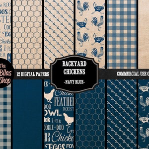 Pacote de papel para scrapbook digital Backyard Chickens, papel digital azul marinho, animais de fazenda de arame para galinhas, estopa, design country