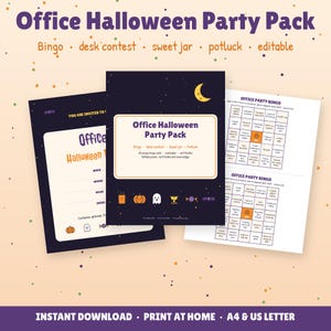 May include: An Office Halloween Party Pack featuring printable documents including an invitation, a cover page, and two bingo cards. The dark purple and cream designs include icons of pumpkins, ghosts, and candy with text.