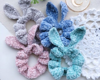 Pastel Crochet Velvet Bunny Ears Scrunchie