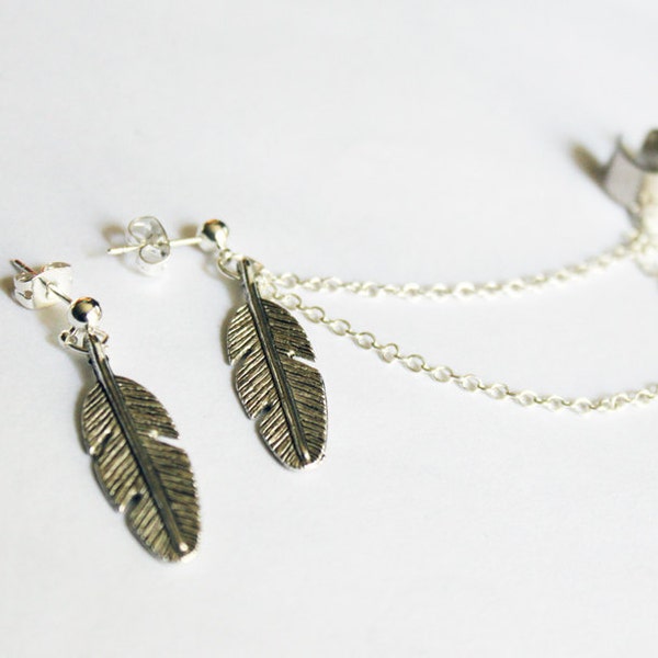 Antique Silver Feather Double Chain Cuff Earring Set