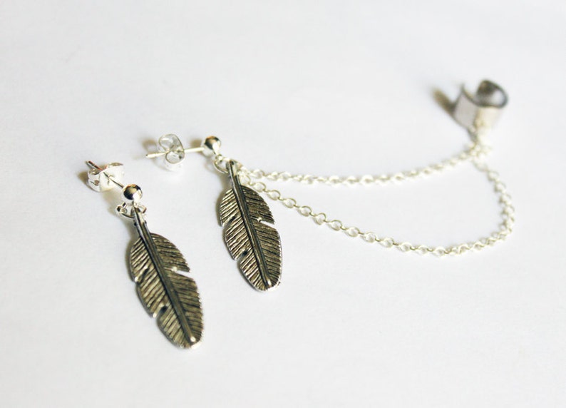 Antique Silver Feather Double Chain Cuff Earring Set image 1