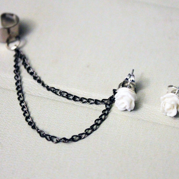 White Rose Double Black Chain Cuff Earring -- ONLY 1 LEFT