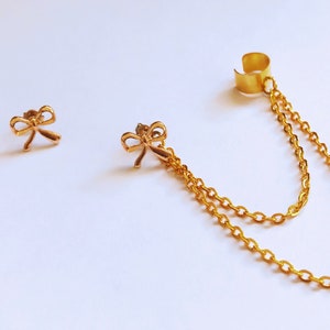 Gold Bow Stud Double Chain Cuff Earring Set