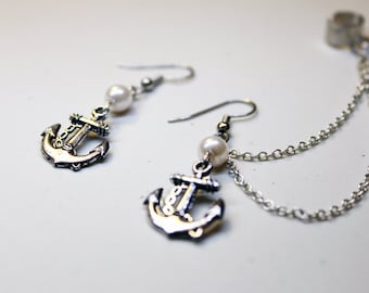 Anchor and Pearl Cuff Earrings Set