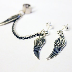 Silver Wings and Double Colored Chain Cuff Earring Set