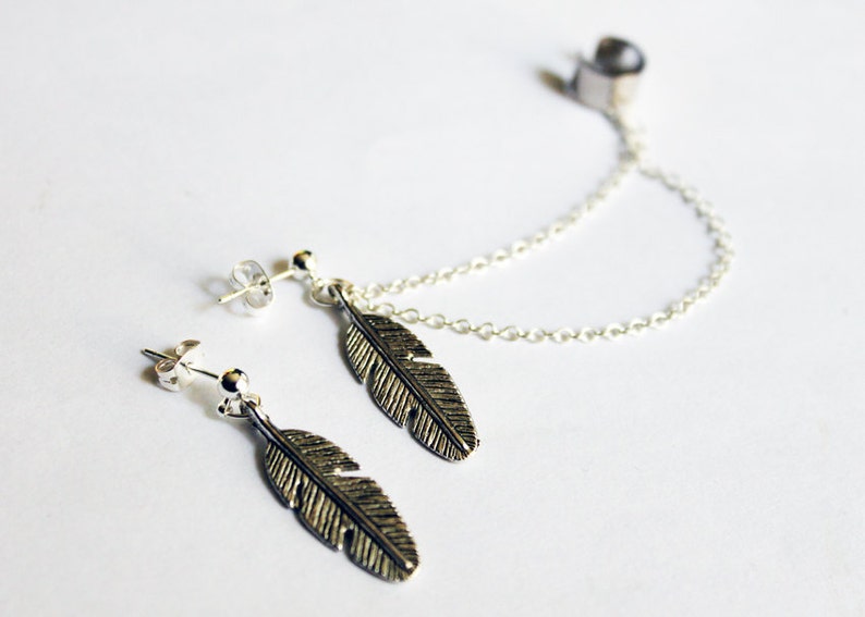 Antique Silver Feather Double Chain Cuff Earring Set image 2