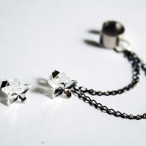 Crystal Star Double Black Chain Cuff Earring Set Etsy