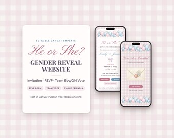 Invitación web para revelar el sexo del bebé, votación para niño/niña, plantilla editable de Canva (descarga digital)