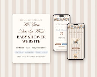 Invitación para sitio web de baby shower con diseño de osito de peluche, azul empolvado y marrón (plantilla digital)