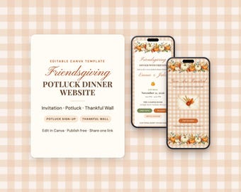 Plantilla web para cena compartida de Acción de Gracias con amigos, confirmación de asistencia e inscripción, diseño de calabaza a cuadros (descarga digital)