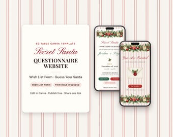 Sitio web con cuestionario para el amigo invisible e invitación para el intercambio de regalos de oficina (plantilla de Canva).