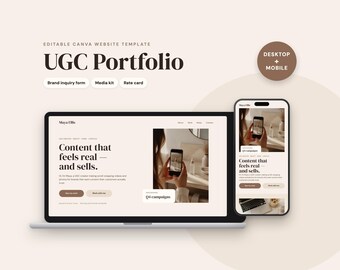 Plantilla de portafolio para creadores de contenido generado por el usuario, sitio web en Canva, formulario de consulta de marca, kit de prensa (descarga digital)