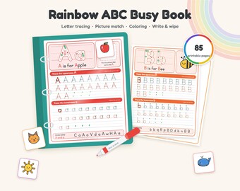 Libro de actividades imprimible Rainbow ABC, trazado de letras, emparejamiento de imágenes, para colorear (85 páginas)