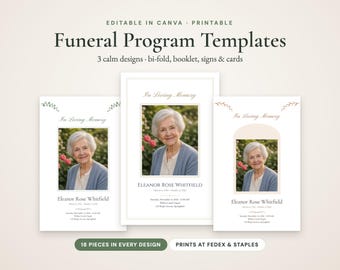 Editable Funeral Program Templates, Bifold Booklet, Prayer Cards (Canva)