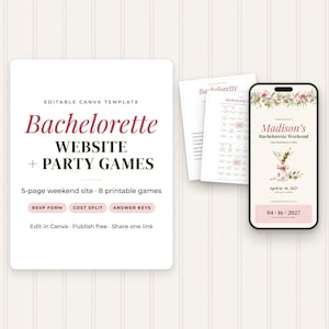 Martini Bachelorette Website + 8 Printable Games Bundle (Canva Template)