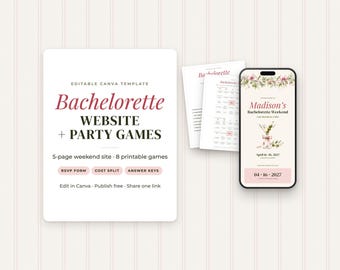 Martini Bachelorette Website + 8 Printable Games Bundle (Canva Template)