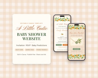 Invitación web para baby shower con temática de cítricos y naranjas, confirmación de asistencia y juegos (plantilla digital)