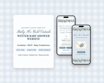 Plantilla para sitio web de baby shower de invierno, invitación con copo de nieve, confirmación de asistencia, juegos (descarga digital)