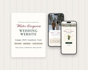 Plantilla web de boda Winter Evergreen, RSVP, libro de visitas, guardar la fecha (Canva)