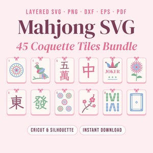 Mahjong SVG Bundle, Pink Mahjong Tiles with Bows, Coquette Mahjong PNG, American Mahjong Clipart, Layered Cricut Cut Files, Mahjong Gift