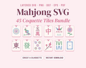 麻雀SVGバンドル、リボン付きピンク麻雀牌、コケット麻雀PNG、アメリカン麻雀クリップアート、レイヤードCricutカットファイル、麻雀ギフト