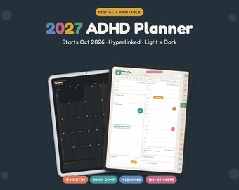 Agenda digital para TDAH 2026-2027, con enlaces a Goodnotes, modo oscuro y sistema de limpieza (descarga digital).
