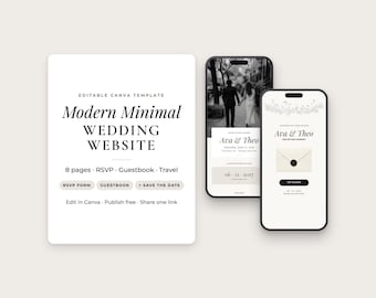 Plantilla moderna y minimalista para sitio web de bodas, editable en Canva, con confirmación de asistencia y aviso de reserva de fecha (descarga digital).