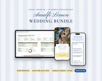 Paquete de sitio web y planificador de bodas Amalfi Lemon, invitación a confirmar asistencia (RSVP) y guardar la fecha (Save the Date) con temática costera, hoja de cálculo de presupuesto.