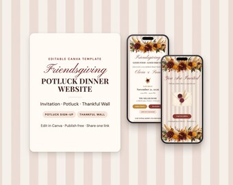 Sitio web para cena compartida de Acción de Gracias con amigos, plantilla floral burdeos de Canva (descarga digital)