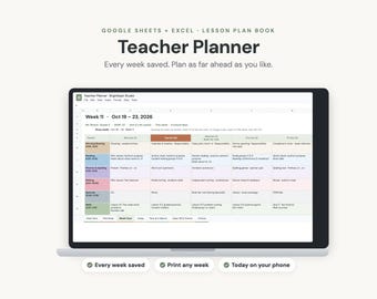 Editable Teacher Planner Google Sheets Excel, Weekly Lesson Plan Book (2026-2027)