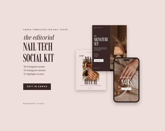 Plantillas de Instagram para técnicos de uñas, kit de redes sociales Canva para salones de uñas, publicaciones, historias, portadas destacadas.