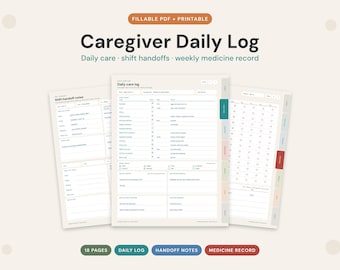 Registro diario del cuidador (rellenable), notas de traspaso de turno, registro de medicamentos (PDF)