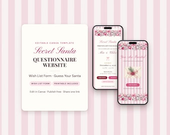Sitio web editable con cuestionario para amigo invisible, lazos rosa palo y formulario de lista de deseos (descarga digital).