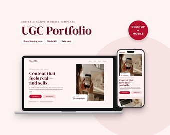 Plantilla de portafolio para creadores de contenido generado por el usuario, sitio web en Canva, formulario de consulta de marca, kit de prensa (descarga digital)