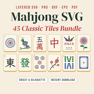Mahjong SVG Bundle, 45 American Mahjong Tiles, Layered Cut Files for Cricut, Mahjong Tile Clipart PNG, Mah Jongg Pattern, Game Night