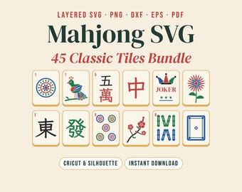 麻雀SVGバンドル、アメリカ麻雀牌45枚、Cricut用レイヤーカットファイル、麻雀牌クリップアートPNG​​、麻雀パターン、ゲームナイト