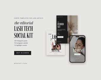 Plantillas de Instagram para técnicos de pestañas, kit de redes sociales Canva para artistas de pestañas, publicaciones, historias, portadas de destacados.