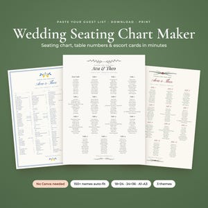 Wedding Seating Chart Template Maker, Paste Guest List, 24x36 Poster, Escort Cards, Table Numbers image 1