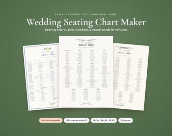 Wedding Seating Chart Template Maker, Paste Guest List, 24x36 Poster, Escort Cards, Table Numbers