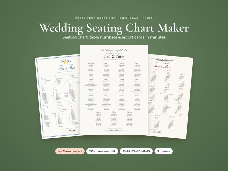 Wedding Seating Chart Template Maker, Paste Guest List, 24x36 Poster, Escort Cards, Table Numbers image 1